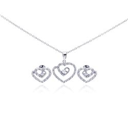 Sterling Silver Rhodium Plated Swirl Open Heart Clear CZ Stud Earring & Dangling Necklace Set bgs001