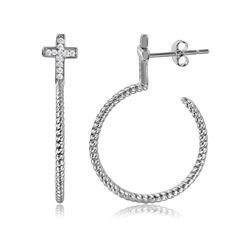 Sterling Silver Rhodium Plated Rope Designed Semi Hoop Earring On A CZ Cross - STE01059