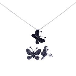 Sterling Silver Rhodium Plated Black Butterfly CZ Stud Earring & Necklace Set sts00324