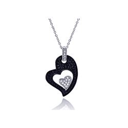 Sterling Silver Rhodium Plated Clear CZ Black Heart Pendant Necklace stp01125