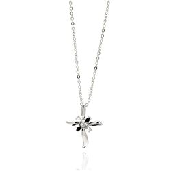 Rhodium Plated Brass Petitie Cross Black & Clear CZ Pendant Necklace bbp00124