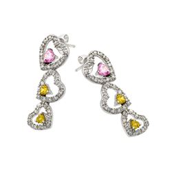 Sterling Silver Rhodium Plated Heart Pink & Yellow CZ Dangling Stud Earring STE00415