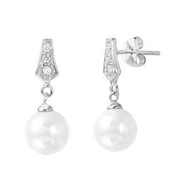Sterling Silver Rhodium Plated CZ Dangling Pearl Post Earring - BGE00420