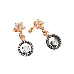 Silver Rose Gold & Black Rhodium Plated Flower Round CZ Dangling Stud Earring bge00284