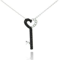 Sterling Silver Rhodium & Black Rhodium Plated Clear & Black CZ Key Pendant Necklace stp00992