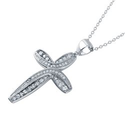 Sterling Silver Rhodium Plated CZ Rounded Cross Pendant Necklace STP01493