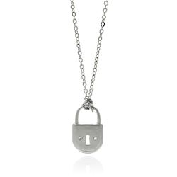 Rhodium Plated Brass Round Matte Finish Pad Lock Pendant Necklace bbp00089