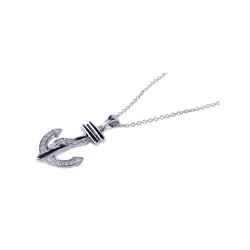 Sterling Silver Clear CZ Rhodium Plated Anchor Pendant Necklace bgp00110