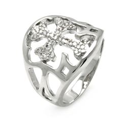 Rhodium Plated Brass Cross Clear CZ Cigar Band Ring bbr00002