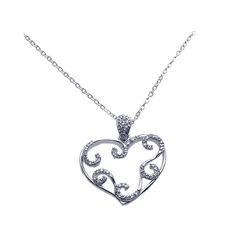 Sterling Silver Rhodium Open Heart Filigree CZ Necklace bgp00255