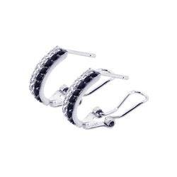 Sterling Silver Rhodium Plated Black & Clear Crescent CZ Hoop Earring bge00045