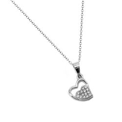 Sterling Silver Rhodium Plated Clear CZ Outer and Inner Paved Heart Pendant Necklace BGP00941