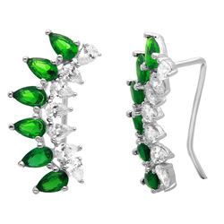 Sterling Silver Rhodium Plated Pear Shape Clear and  CZ Green Climbing Earrings - GME00059RH-GREEN