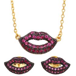 Sterling Silver Gold Plated Pink CZ Lips Sets - BGS00490GP