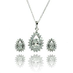 Sterling Silver Rhodium Plated Clear Teardrop Cluster CZ Stud Earring & Necklace Set bgs00363