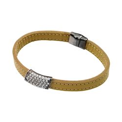 Sterling Silver Rhodium Plated Clear CZ Inlay Yellow Leather Bracelet ECB002BLK