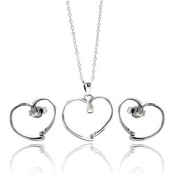 Sterling Silver Rhodium Plated Open Heart CZ Stud Earring & Necklace Set sts00433