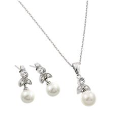 Sterling Silver Rhodium Plated Pearl Flower Set BGS00452