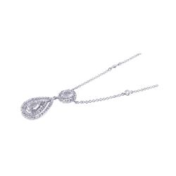 Sterling Silver Rhodium Plated Clear Teardrop & Round CZ Antique Pendant Necklace bgn00023
