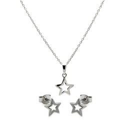 Sterling Silver Rhodium Plated Open Star CZ Stud Earring & Necklace Set sts00420