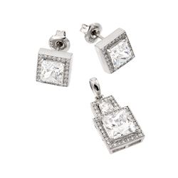 Sterling Silver Rhodium Plated Clear Square Micro Pave CZ Stud Earring & Dangling Necklace Set gms00