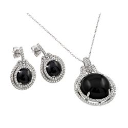 Sterling Silver Rhodium Plated Black Onyx Clear CZ Dangling Stud Earring & Necklace Set BGS00437