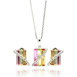 Sterling Silver Rhodium Plated Multi Colored Rectangular CZ Stud Earring & Necklace Set BGS00202