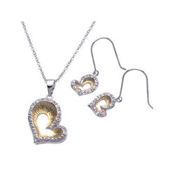 Sterling Silver Rhodium & Gold Plated Open Heart Clear Border CZ Hook Earring & Dangling Necklace Se