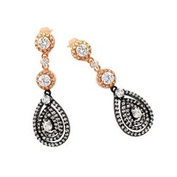 Sterling Silver Rose Gold & Black Rhodium Plated Teardrop Round CZ Dangling Stud Earring bge00285