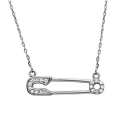 Sterling Silver Rhodium Plated CZ Safety Pin Necklace - GMN00008RH