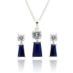 Sterling Silver Rhodium Plated Clear Round Blue Rectangular CZ Dangling Stud Earring & Dangling Neck