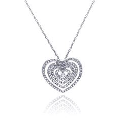 Sterling Silver Clear CZ Rhodium Plated Multi Layered Hearts Pendant Necklace stp00133