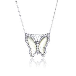 Sterling Silver Rhodium Plated MOP Butterfly CZ White Enamel Inlay Necklace bgp00338