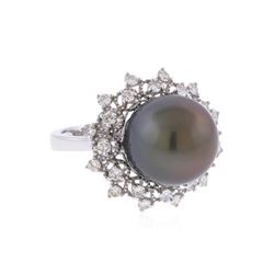 14KT White Gold Tahitian Cultured Black Pearl and Diamond Ring