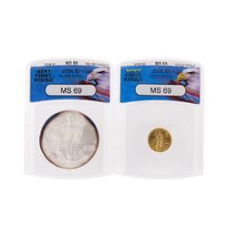 2006 $1 American Silver Eagle & 2006 $5 American Gold Eagle Coins ANACS MS69