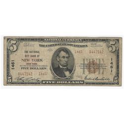 1929 $5 New York New York National Currency Note