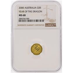 2000 $5 Australia Year of the Dragon Gold Coin NGC MS68