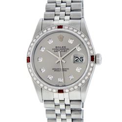 Mens Rolex Stainless Steel Slate Grey Diamond and Ruby DateJust Wristwatch