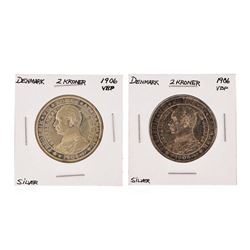 Set of (2) 1906 VBP 2 Kroner Denmark Silver Coins