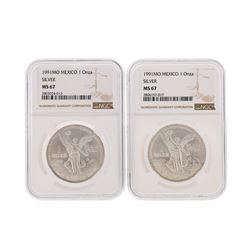 Set of (2) 1991MO 1 Onza Mexico Silver Coins NGC Graded MS67