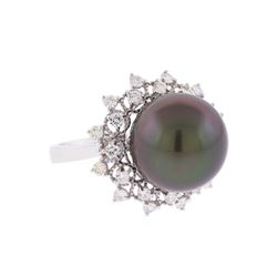 14KT White Gold 13.00mm Tahitian Cultured Black Pearl and Diamond Ring