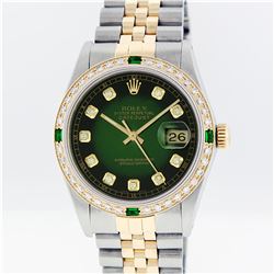 Rolex Mens Two Tone Green Vignette Diamond and Emerald Datejust Wristwatch