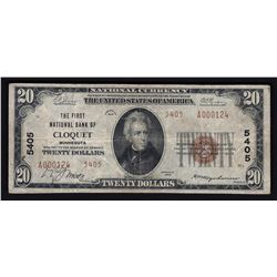 1929 $20 National Currency First National Bank of Cliquet Minnesota Note