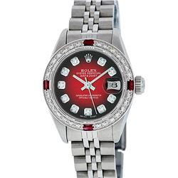 Rolex Ladies Stainless Steel Red Vignette Diamond and Ruby Datejust Wristwatch