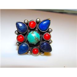 Southwestern Sterling Coral Lapis Turquoise Ring 7