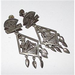 Sterling Silver 925 Tribal Aztec Maya Peru Silver Screw Back Dangle Statement Earrings