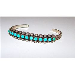 Old Pawn Native American Zuni Sterling Silver Cerillos Mine Turquoise Cuff Bracelet "Snake Eyes" Des