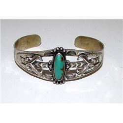 Old Pawn Navajo Made BELL TRADING Sterling Silver Turquoise Cuff Bracelet