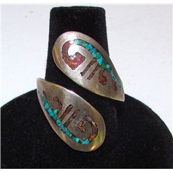 Navajo Old Pawn Native American Sterling Silver Turquoise Coral Inlay Bypass Adjustable Size Ring Tr