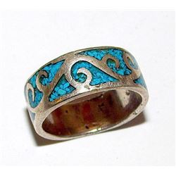 Sterling Silver 925 Southwestern Turquoise Inlay Tribal Design Band Ring Size 6